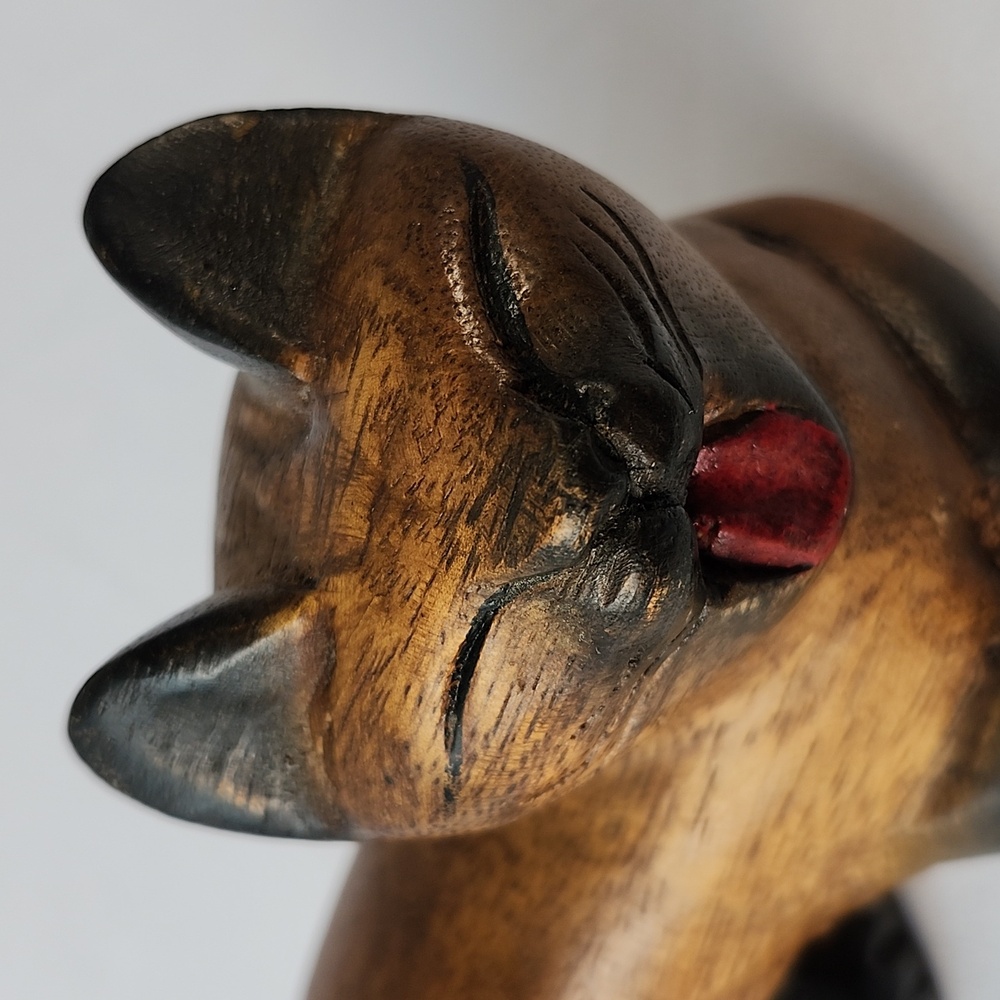 Mandalay Bay Co Black Brown Carved Wood Yawning Cat Figurine Scuplture Thailand - Picture 2 of 16